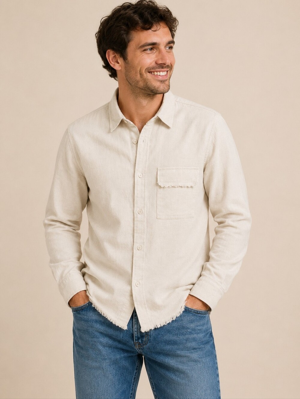 Divided Soft Cream Button-Down Top